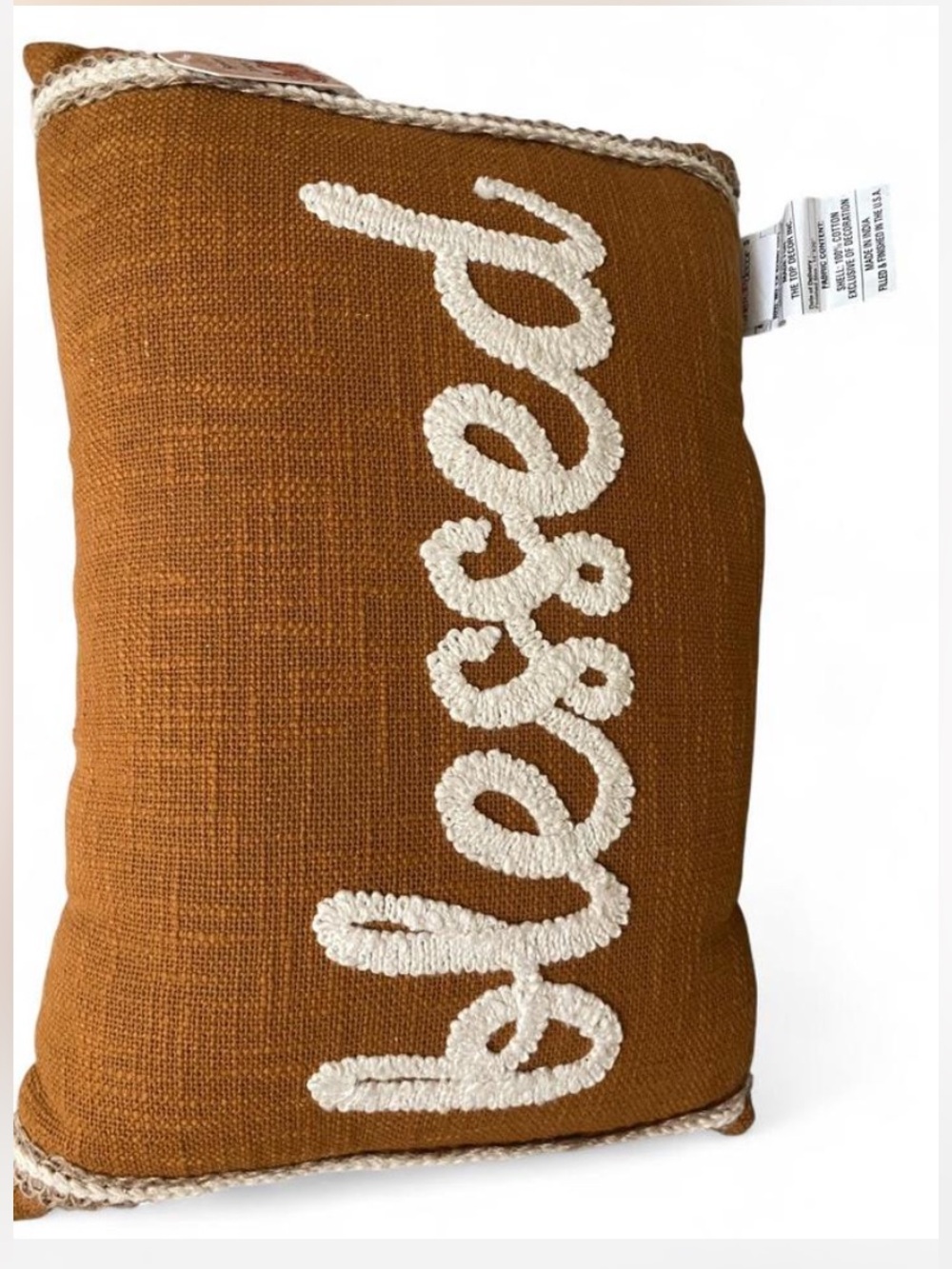 Rust Textured 'Blessed' Accent Pillow - Cream Script